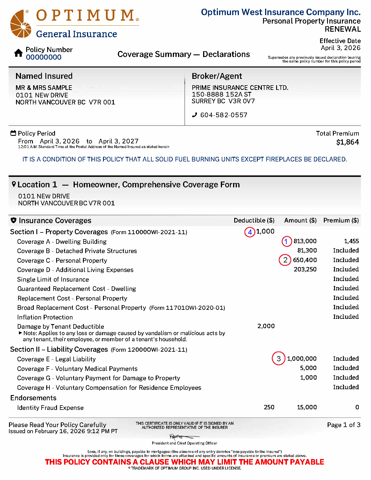 Anonymized sample home insurance declarations page from Optimum General Insurance — showing dwelling building, personal property, legal liability, and deductible amounts