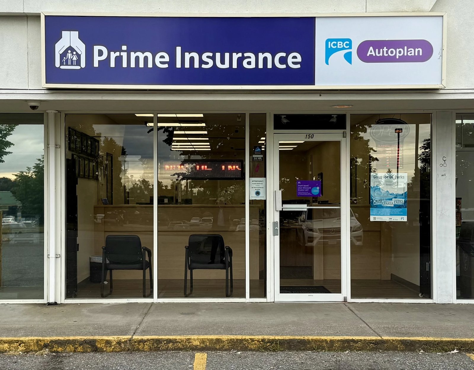 Prime Insurance storefront at 150-8888 152A St, Surrey, with ICBC Autoplan signage